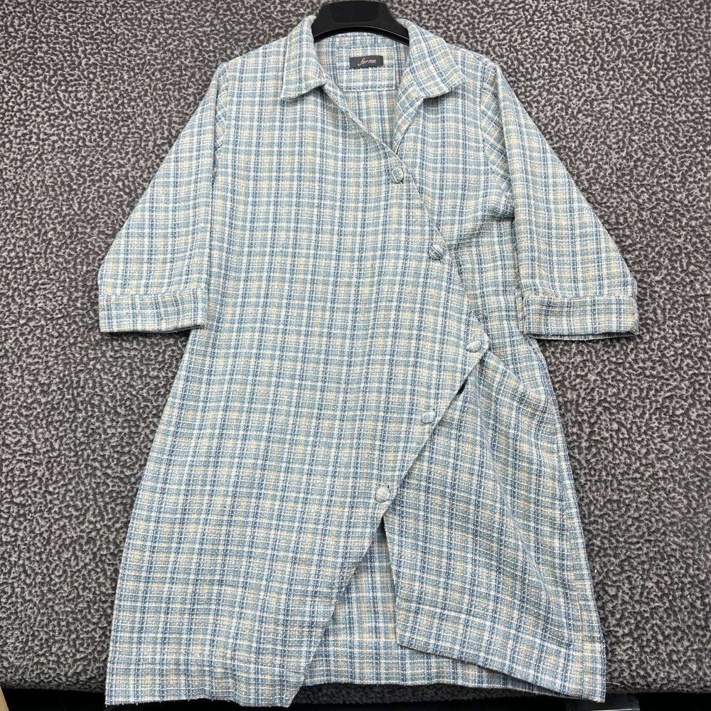 Forme Dress Women Medium Blue Plaid Tweed Asymmetrical Button Front Collared